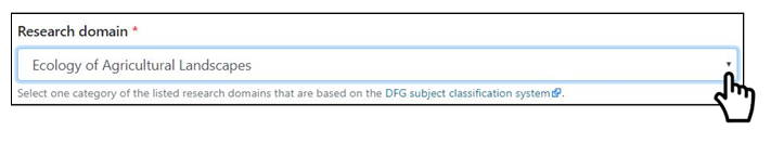 Upload form: Selection of the relevant Research Domain